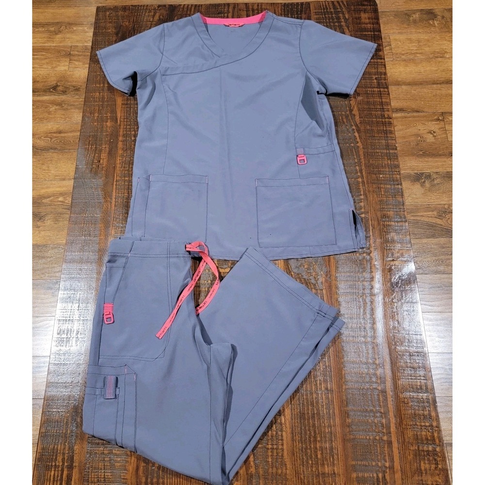 Carhartt Force Scrub Set Womens Medium Gray Cross Flex V-Neck Medical Set of 2
